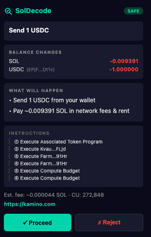 SolDecode preview of a Kamino deposit showing token mint resolution and balance changes