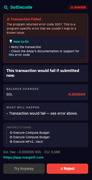 SolDecode preview of a MarginFi transaction that would have failed on-chain, with a human-readable error explanation